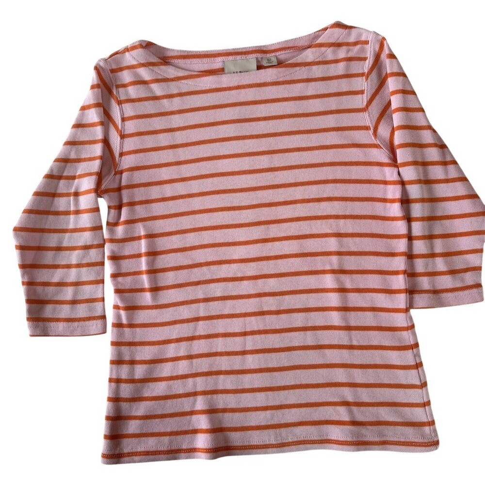 L.L.Bean Womens XS Pink Orange Striped 3/4 Sleeve Boat Neck Knit Top